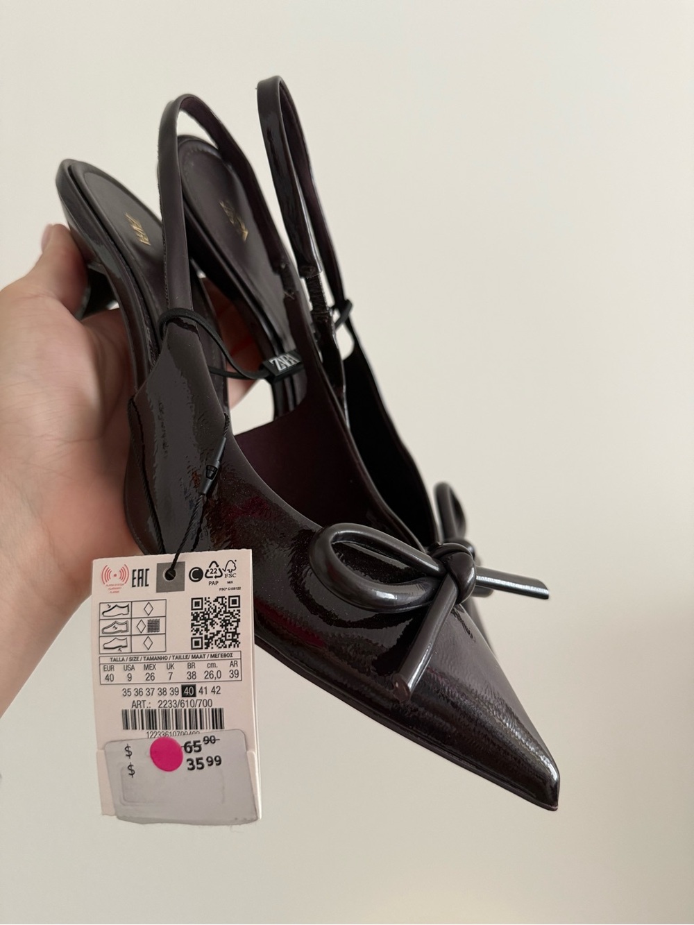 ZARA Patent Pointed Bow Slingback Mules - Black - Picture 2 of 3